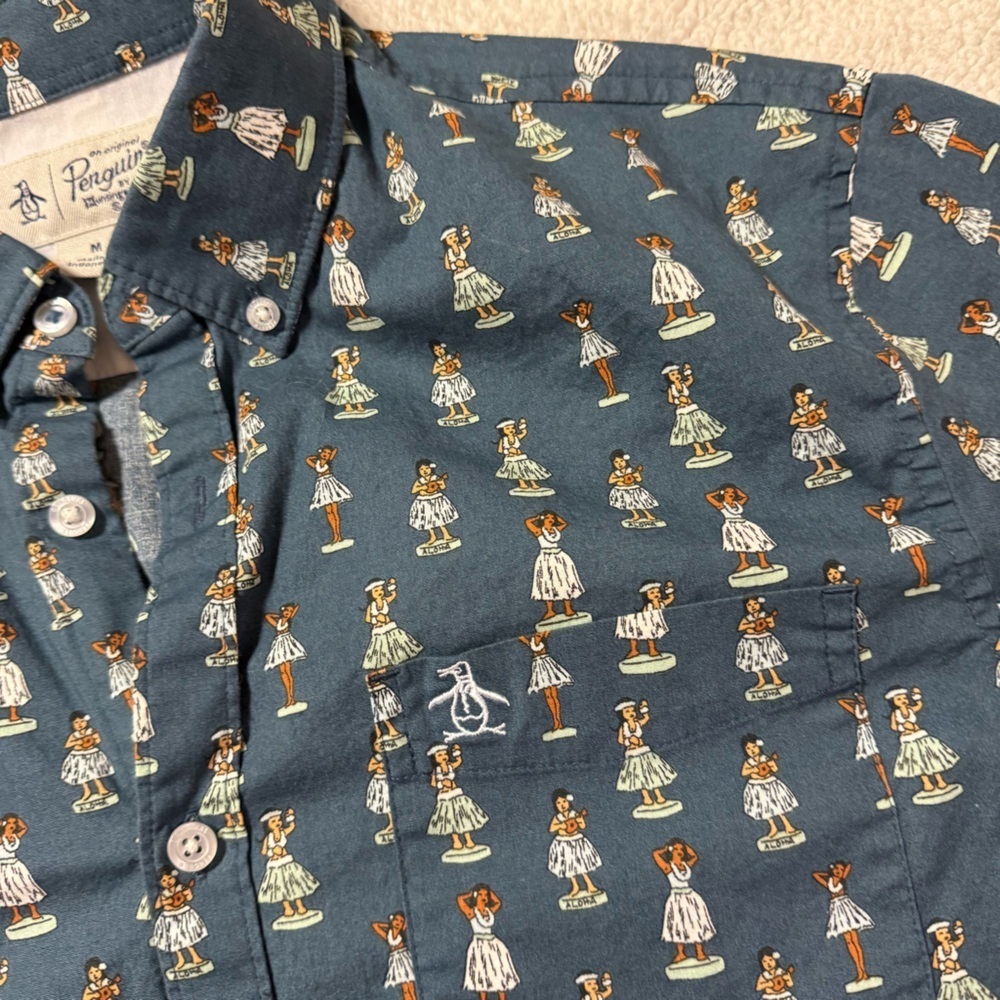 Penguin Blue Hula Dancer Patterned Short Sleeve Button Front Collared Shirt Mens - Picture 6 of 11